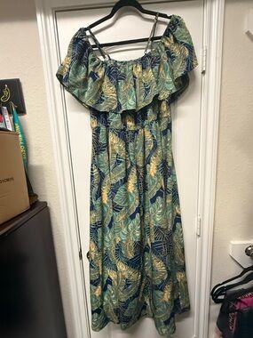 SHEIN Curve Tropical Leaf Off Shoulder Dress 3XL Lightweight Ruffle Sundress